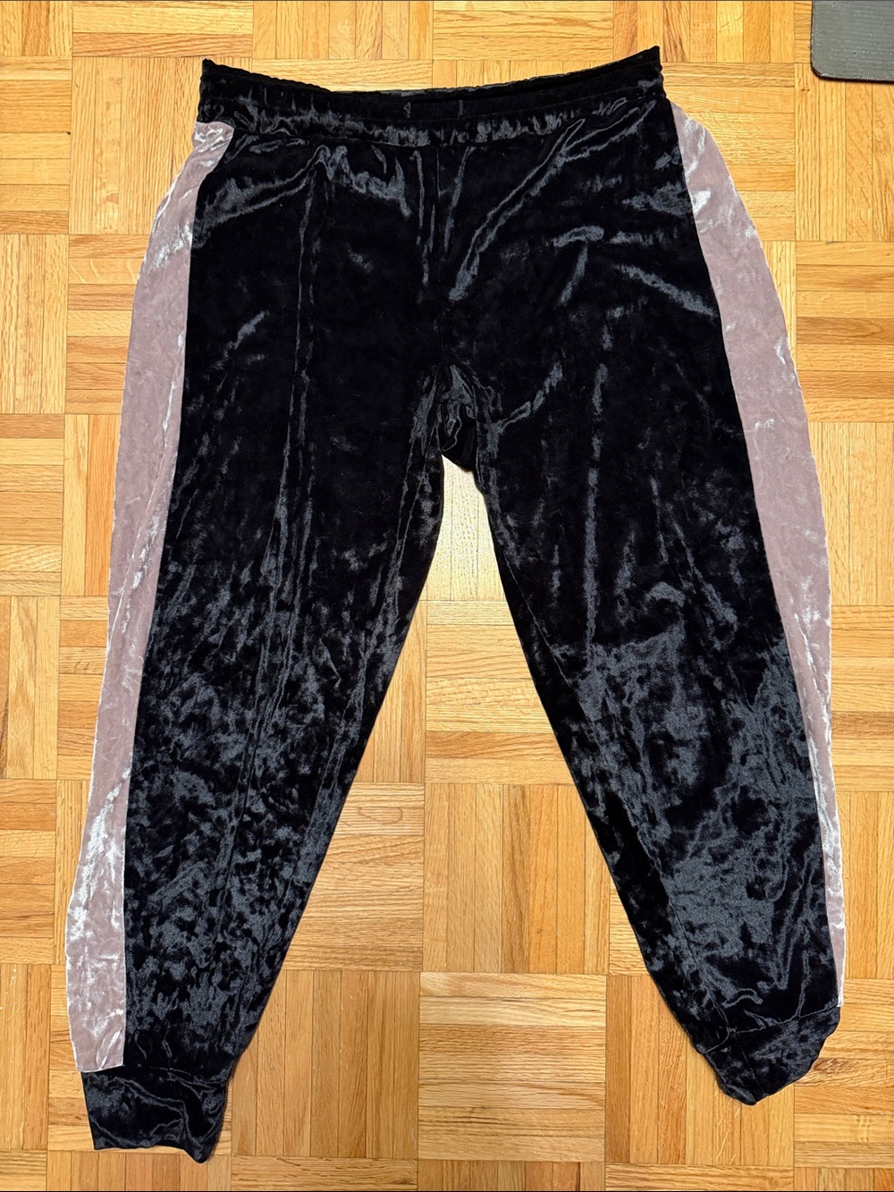 Revamped Black Velour Joggers with Rose Gold Side Panels
